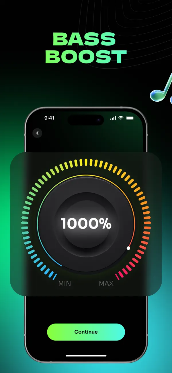 Volume & Bass Booster app showing a 1000 percent boost dial